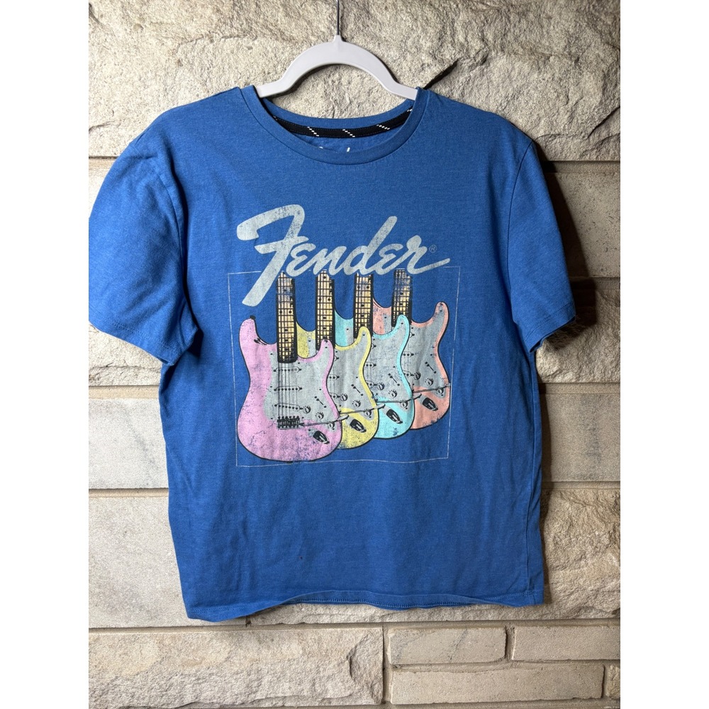 Fender Mens Blue Graphic T-Shirt Pastel Stratocaster Guitars Size 2X Mad Engine